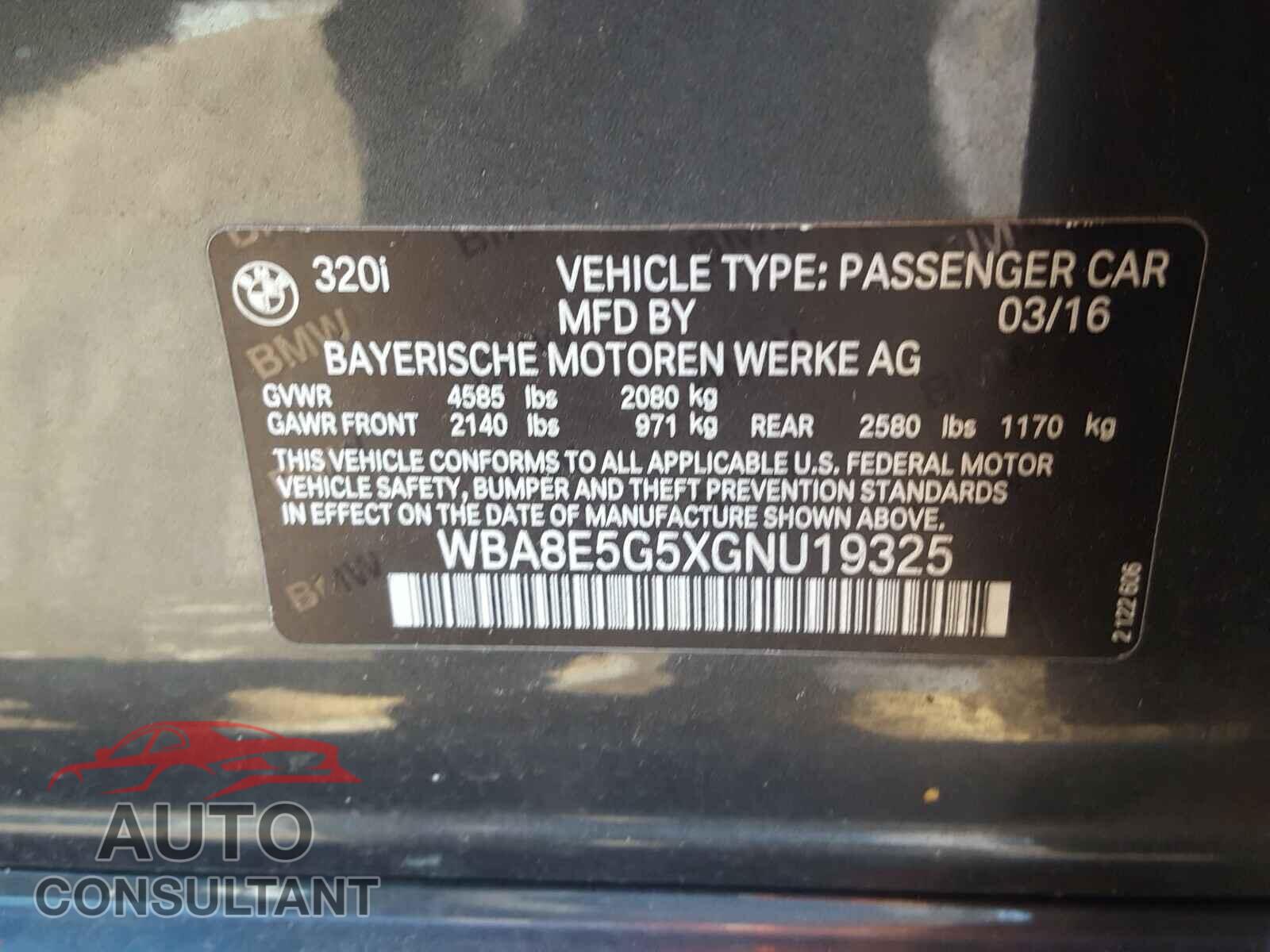 BMW 3 SERIES 2016 - WBA8E5G5XGNU19325