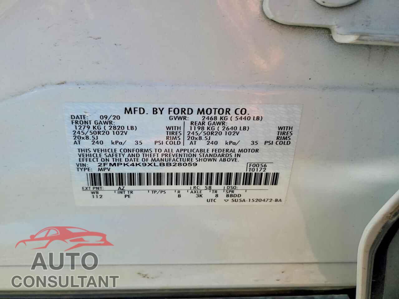 FORD EDGE 2020 - 2FMPK4K9XLBB28059