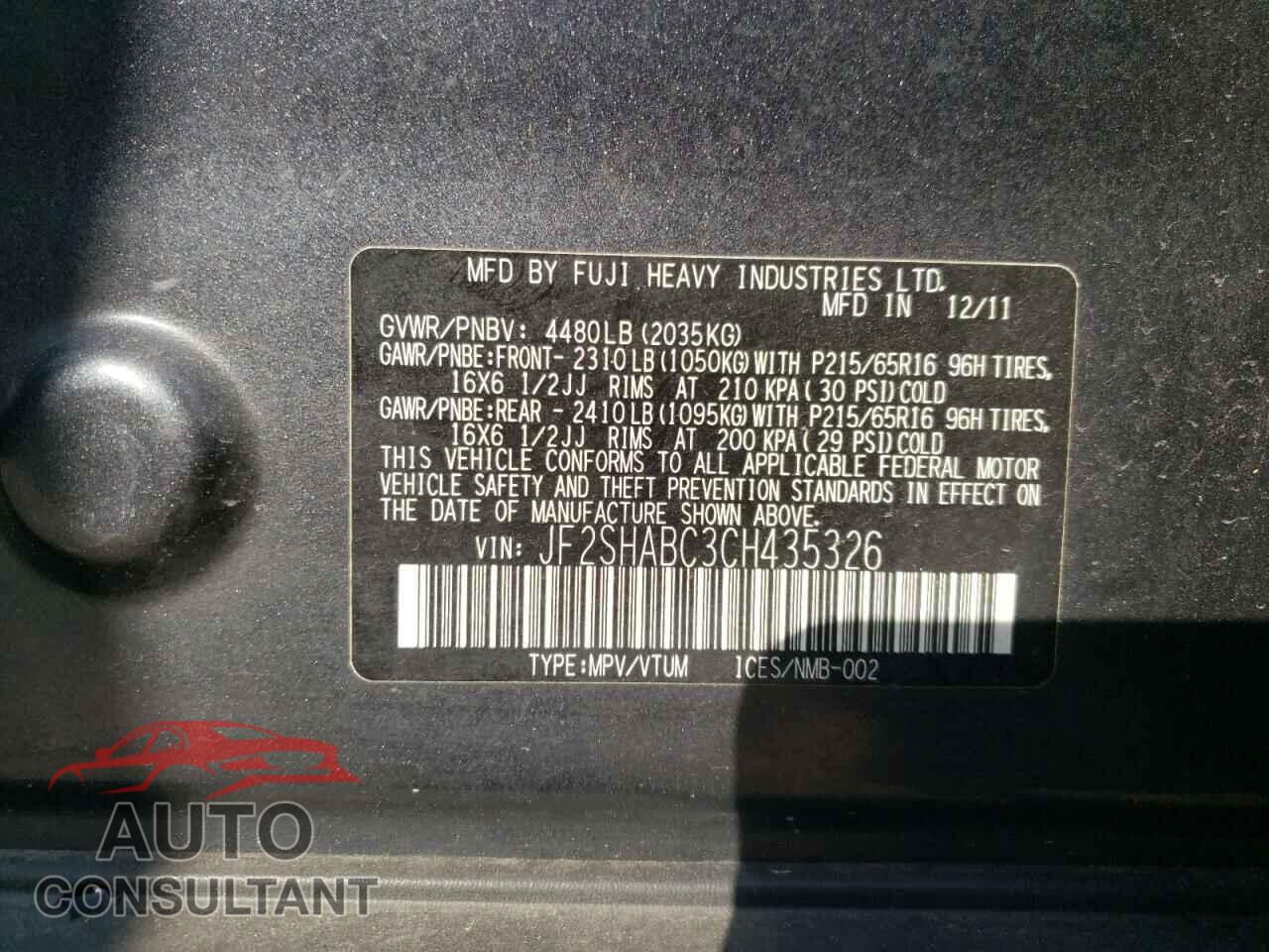 SUBARU FORESTER 2012 - JF2SHABC3CH435326