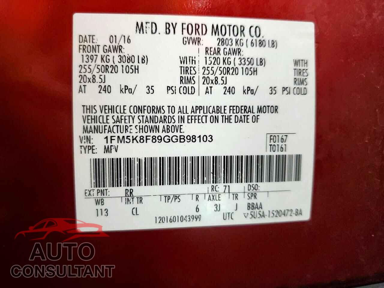 FORD EXPLORER 2016 - 1FM5K8F89GGB98103