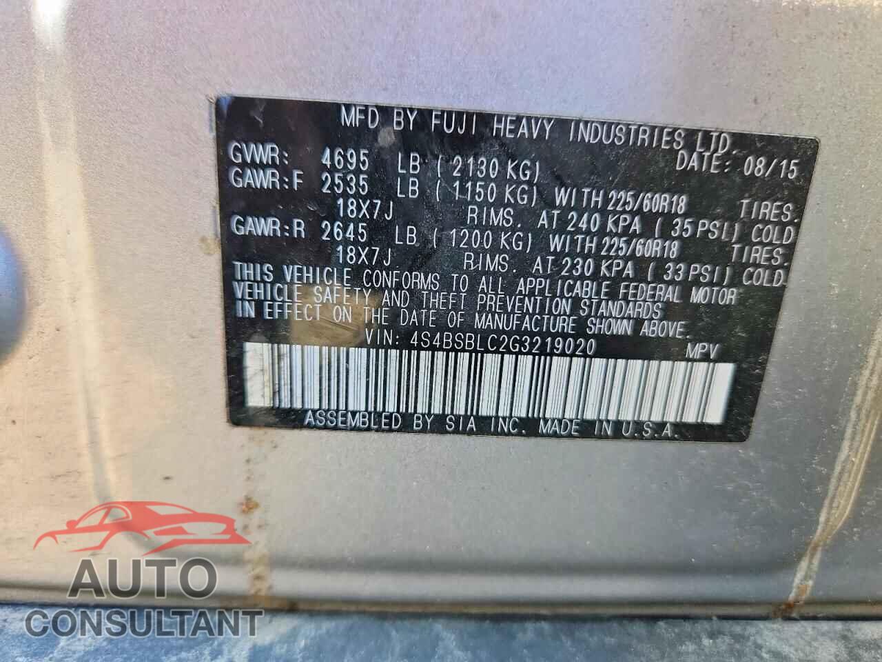 SUBARU OUTBACK 2016 - 4S4BSBLC2G3219020