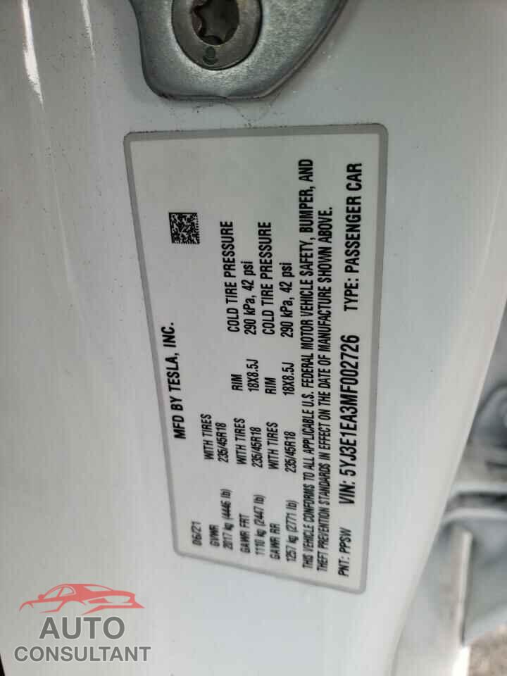 TESLA MODEL 3 2021 - 5YJ3E1EA3MF002726