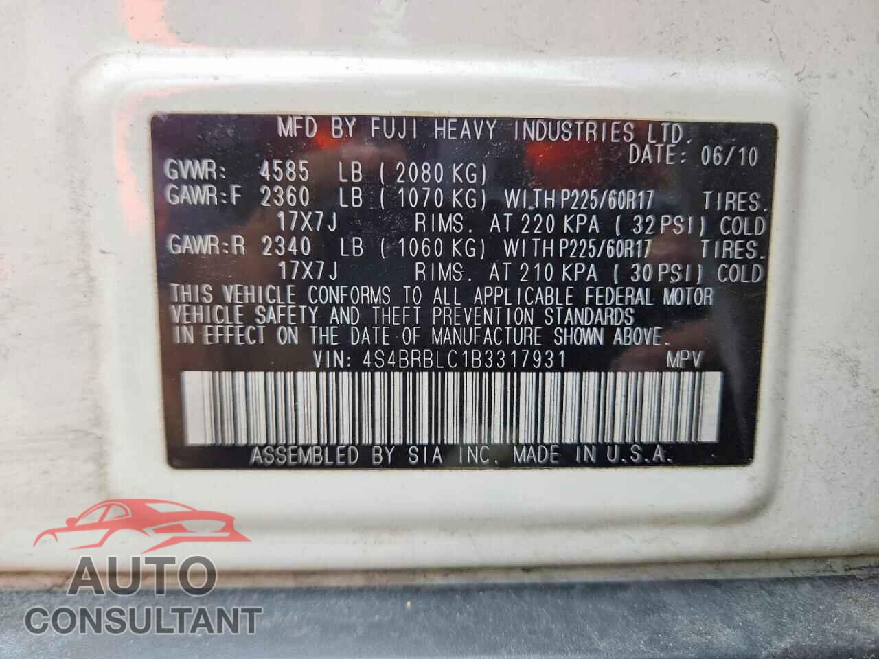 SUBARU OUTBACK 2011 - 4S4BRBLC1B3317931