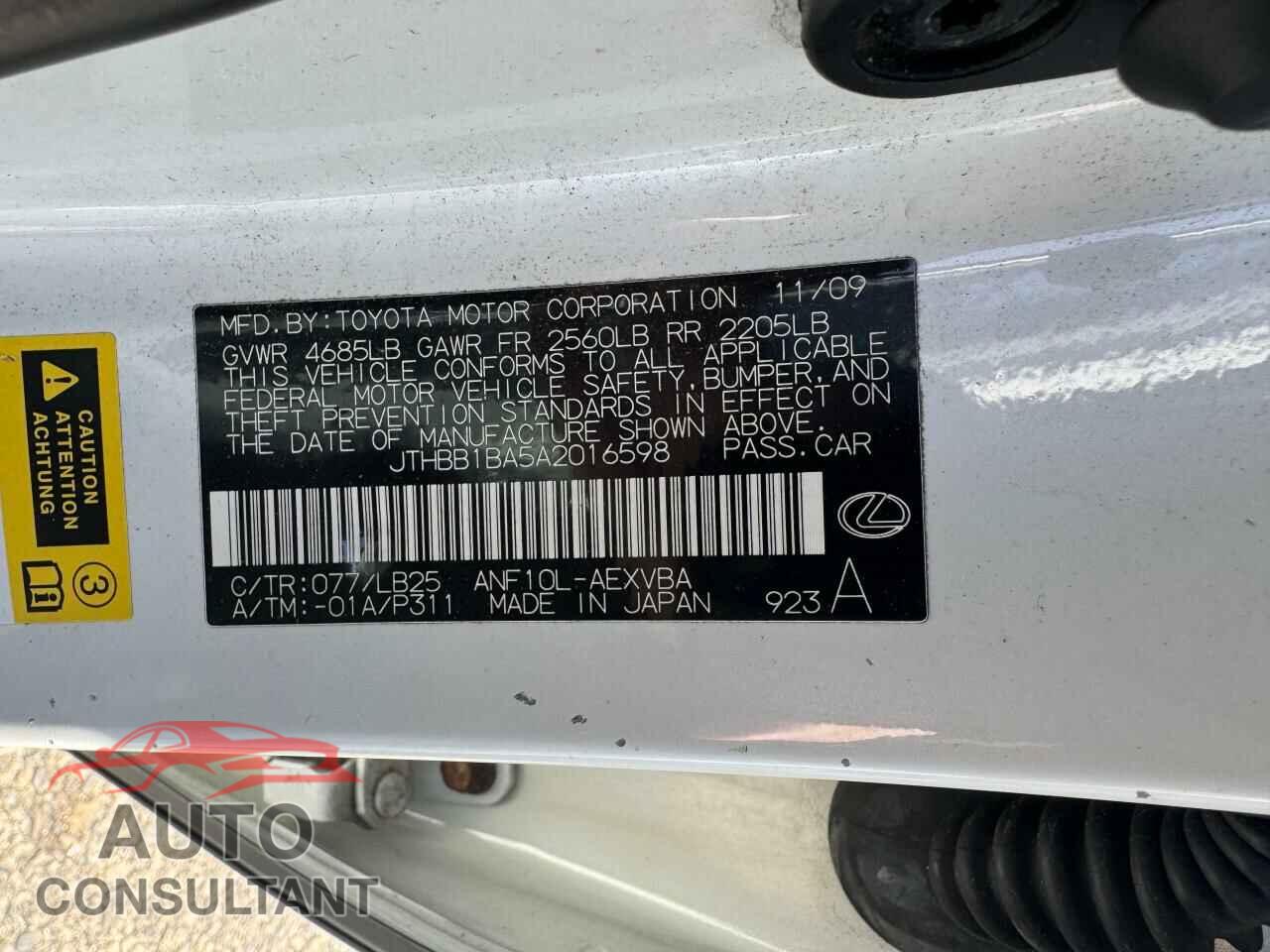 LEXUS HS 2010 - JTHBB1BA5A2016598