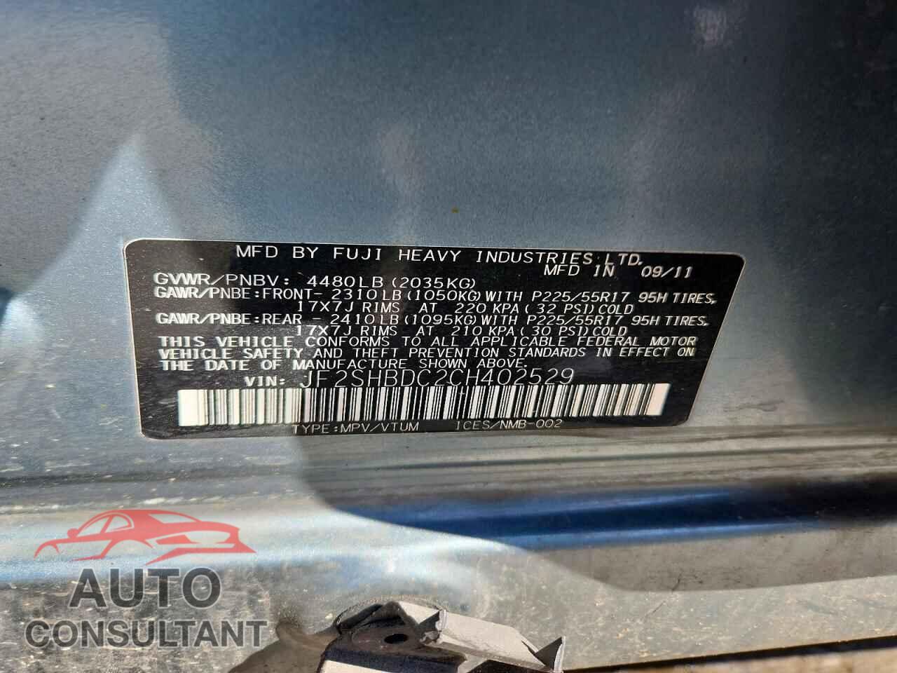SUBARU FORESTER 2012 - JF2SHBDC2CH402529