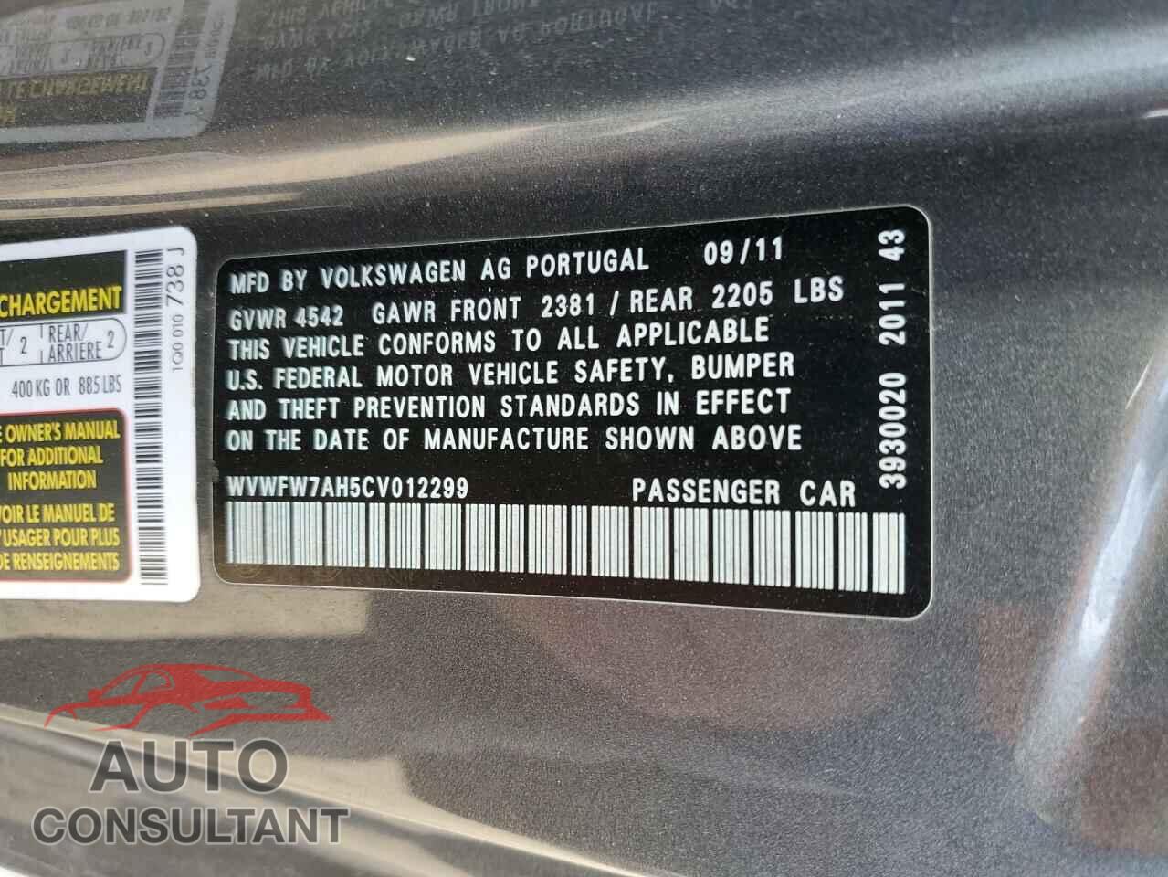 VOLKSWAGEN EOS 2012 - WVWFW7AH5CV012299