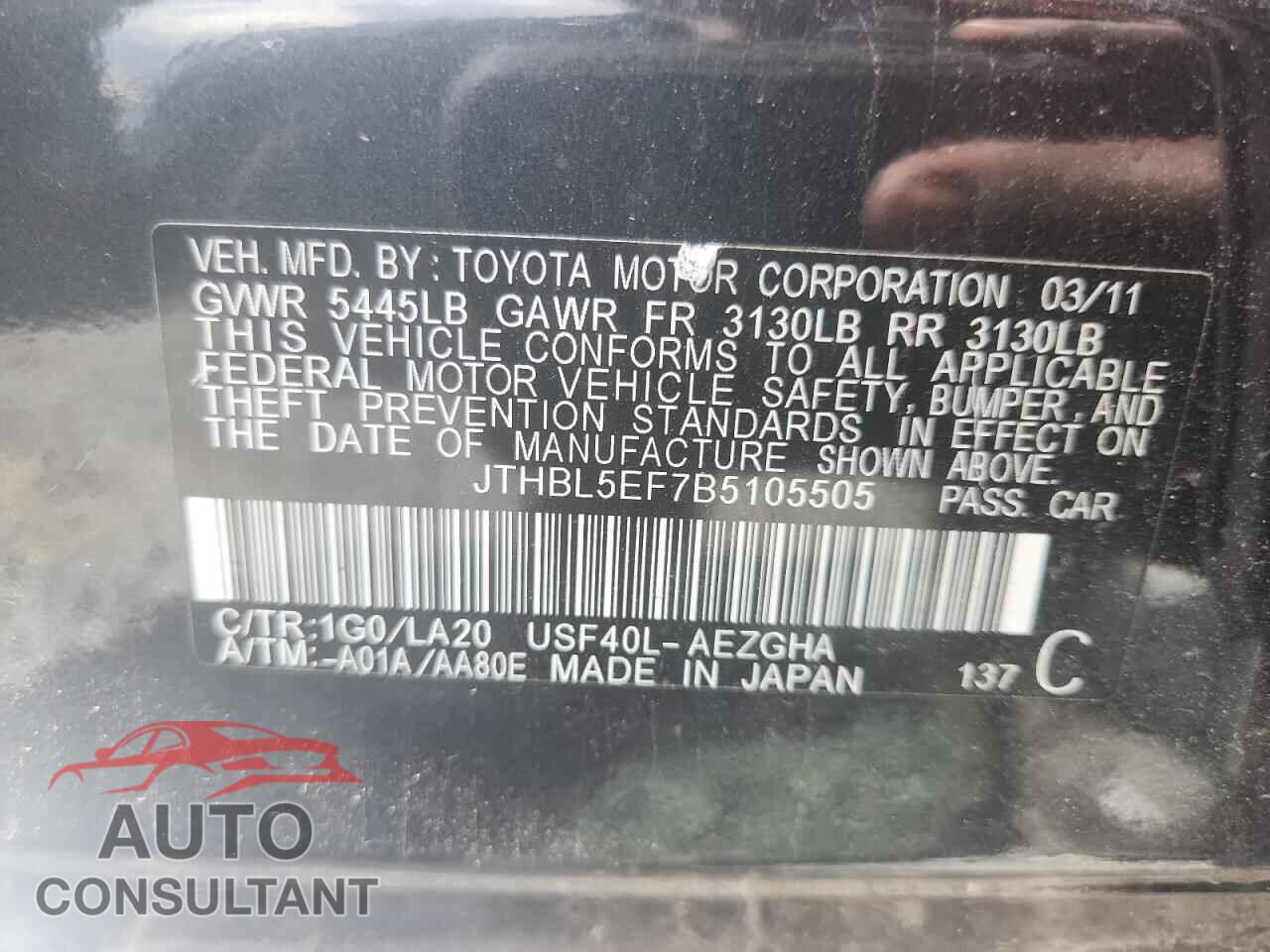 LEXUS LS460 2011 - JTHBL5EF7B5105505