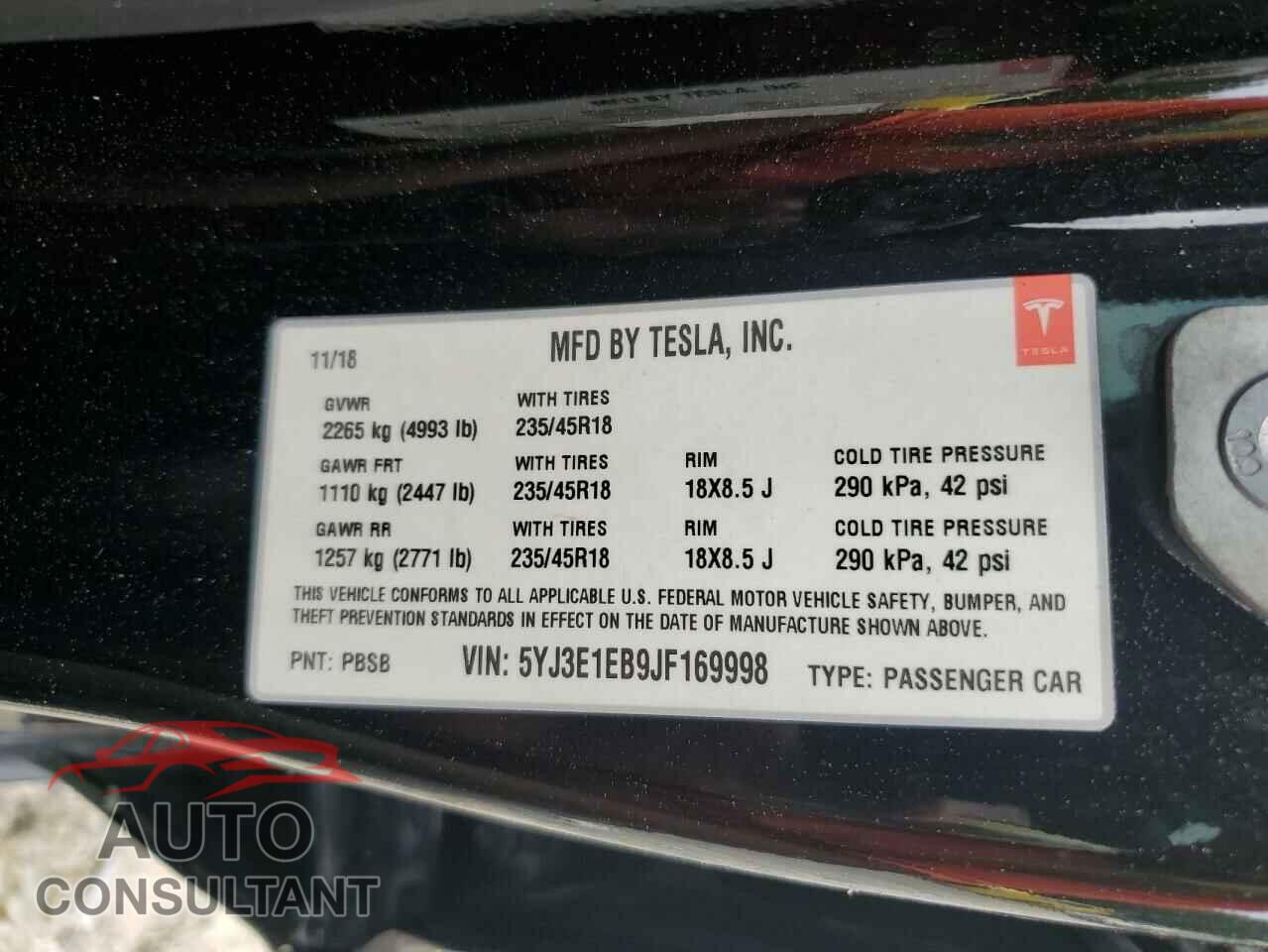 TESLA MODEL 3 2018 - 5YJ3E1EB9JF169998