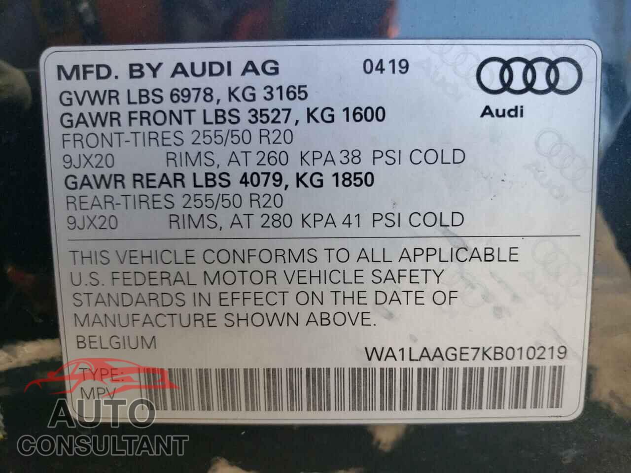 AUDI E-TRON 2019 - WA1LAAGE7KB010219