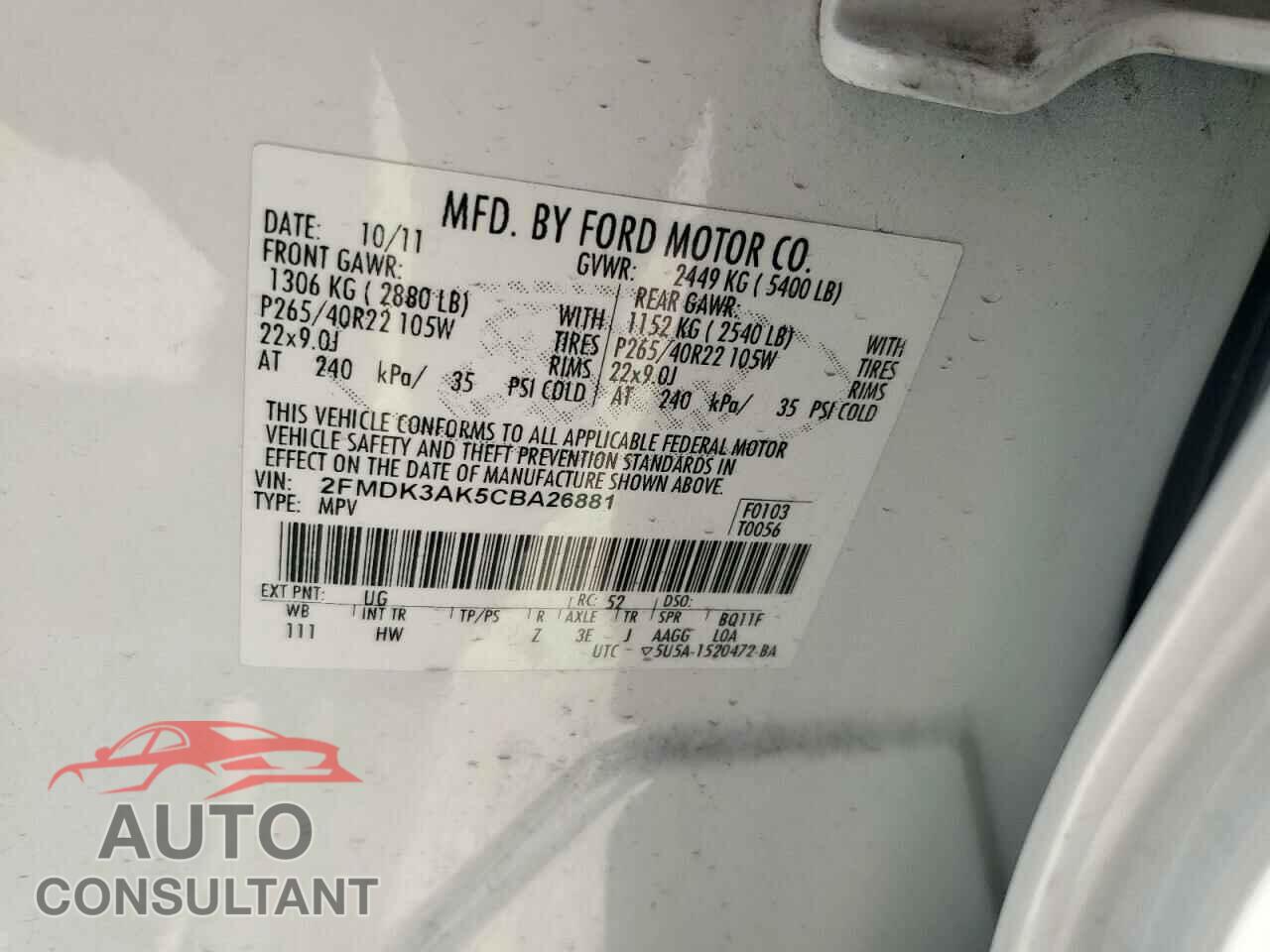 FORD EDGE 2012 - 2FMDK3AK5CBA26881