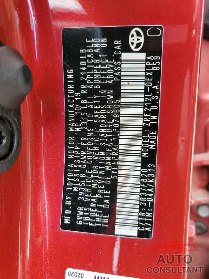 TOYOTA COROLLA 2020 - 5YFEPRAE1LP078605
