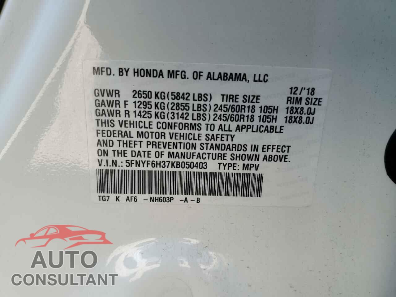 HONDA PILOT 2019 - 5FNYF6H37KB050403