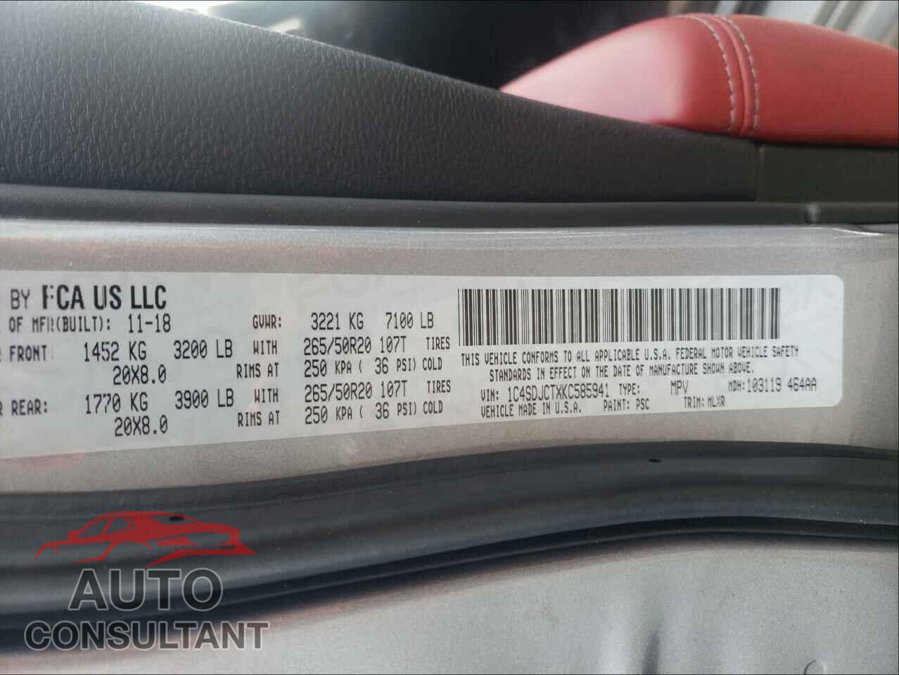 DODGE DURANGO 2019 - 1C4SDJCTXKC585941