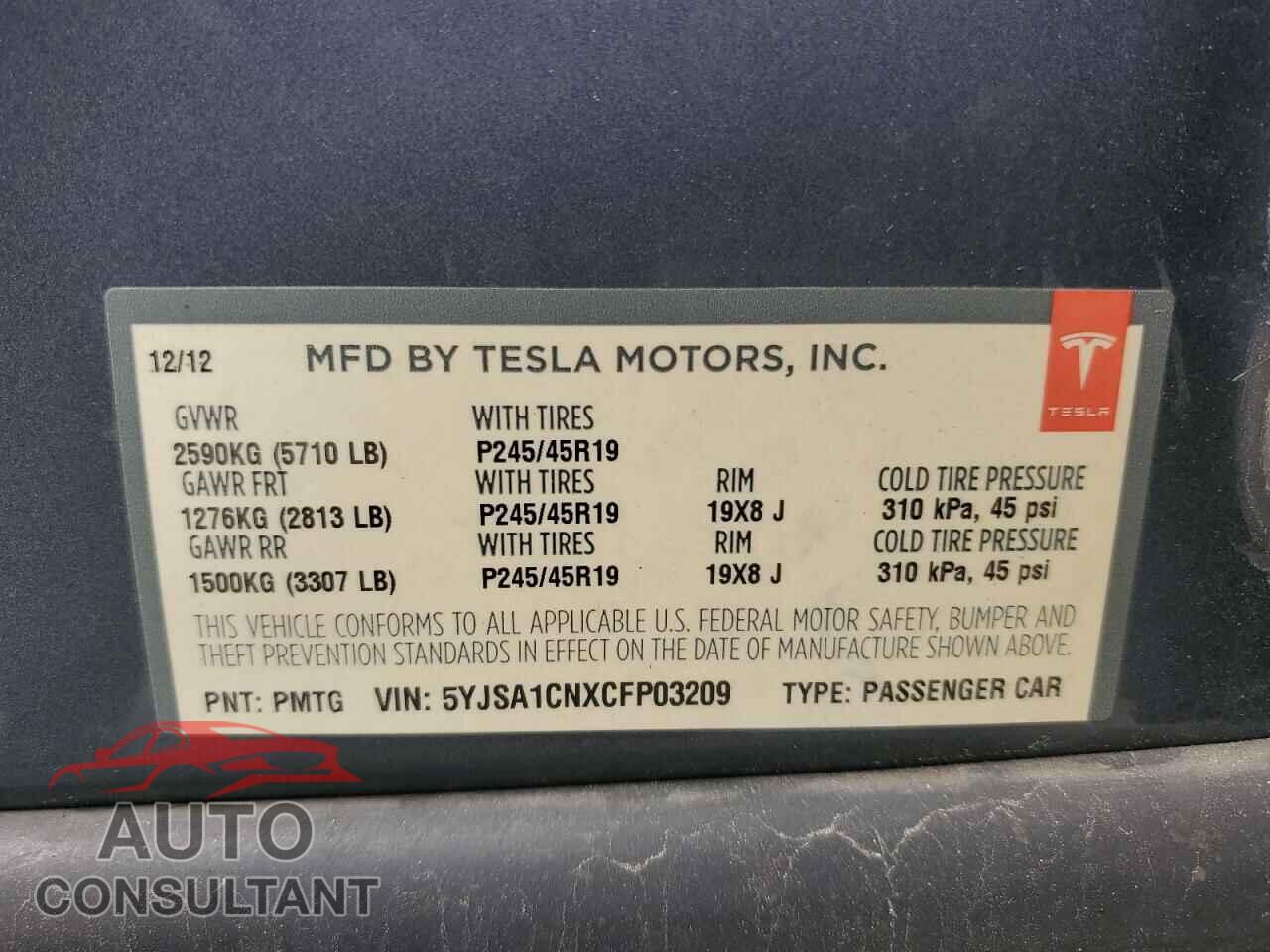TESLA MODEL S 2012 - 5YJSA1CNXCFP03209
