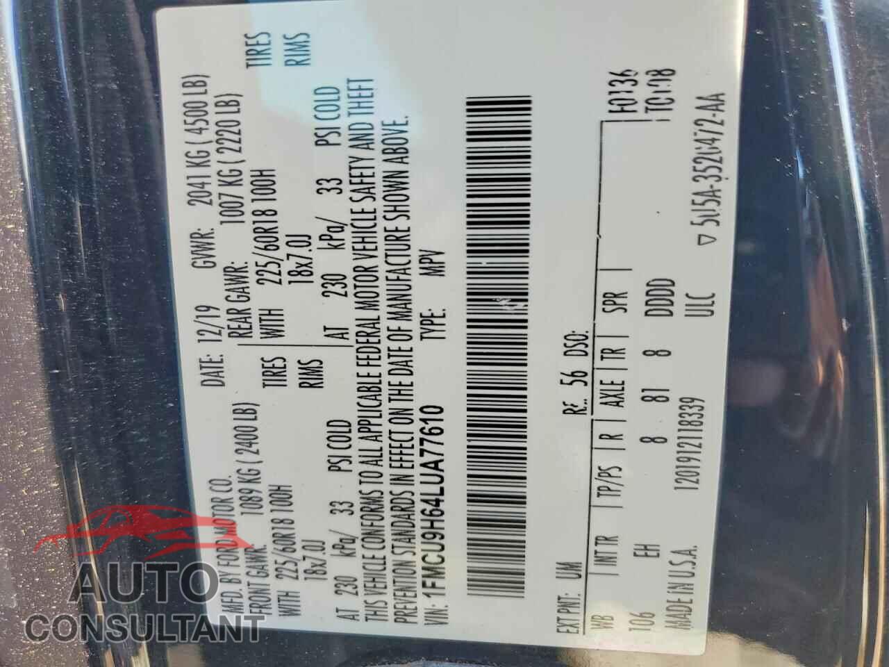 FORD ESCAPE 2020 - 1FMCU9H64LUA77610