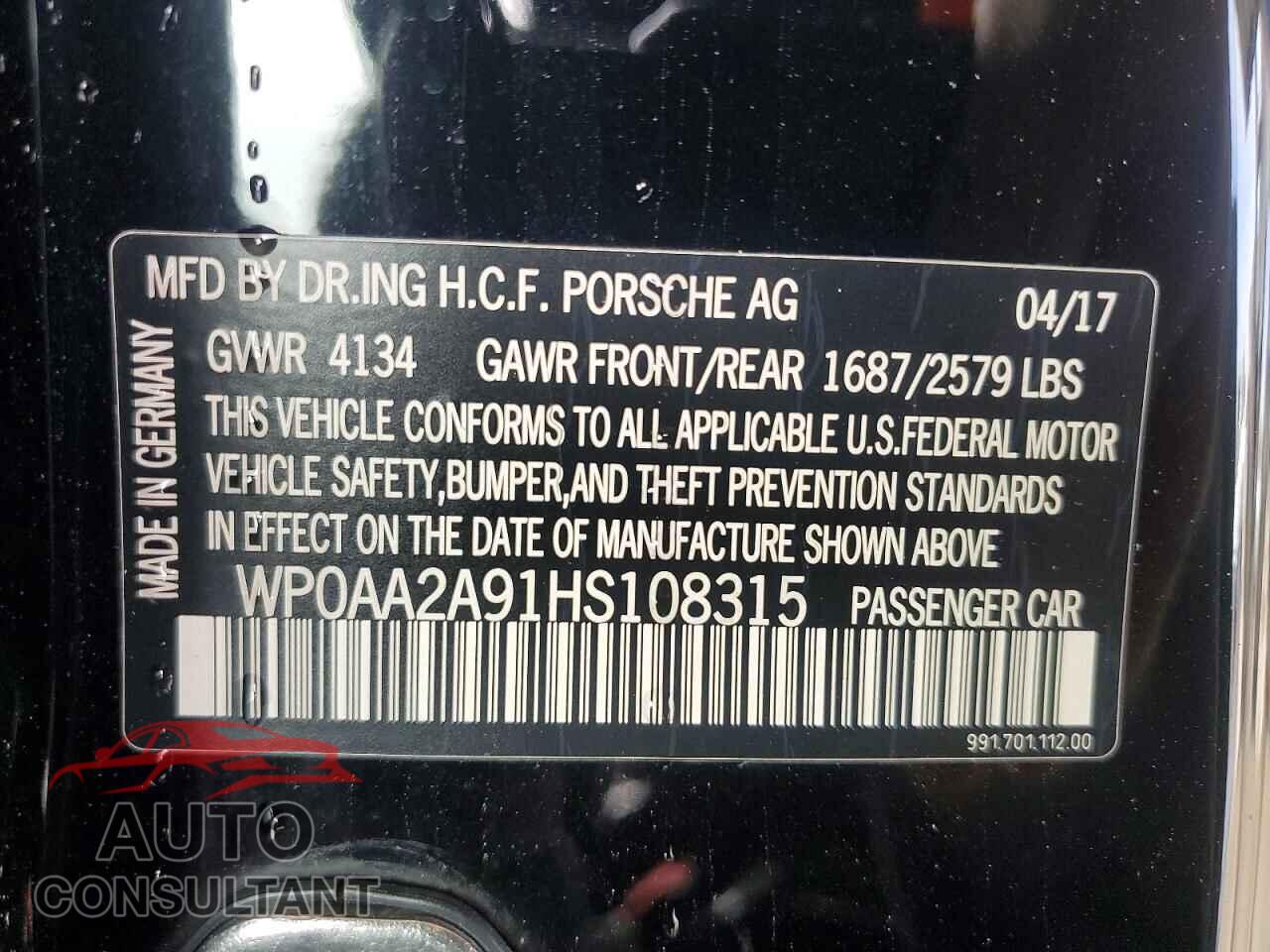 PORSCHE 911 2017 - WP0AA2A91HS108315