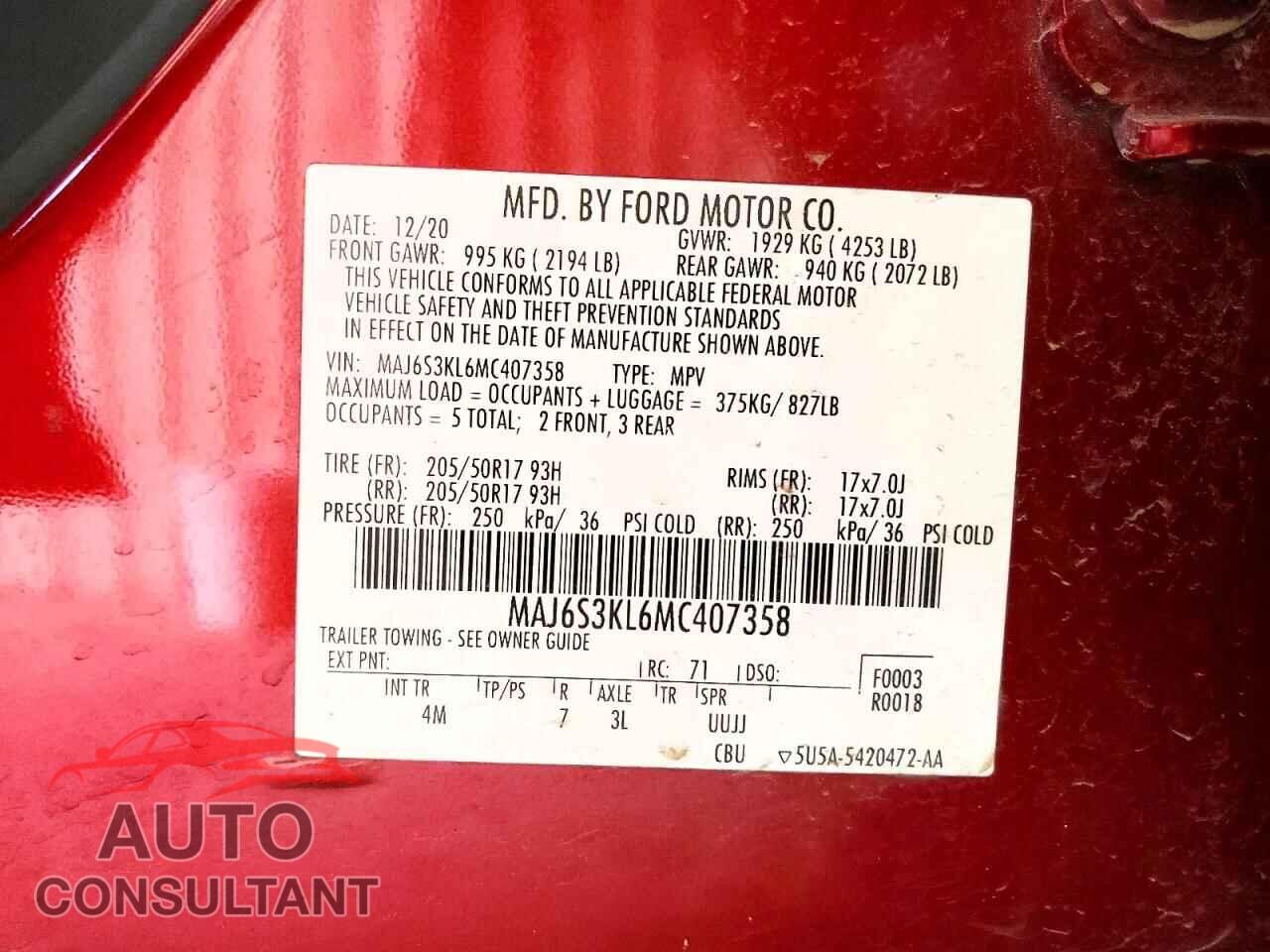 FORD ECOSPORT 2021 - MAJ6S3KL6MC407358