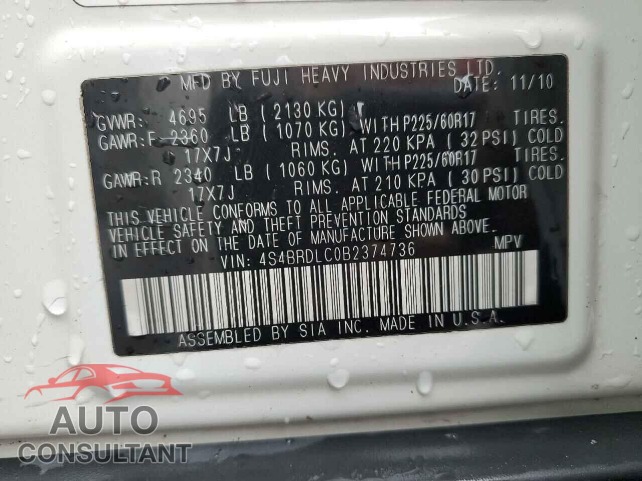 SUBARU OUTBACK 2011 - 4S4BRDLC0B2374736