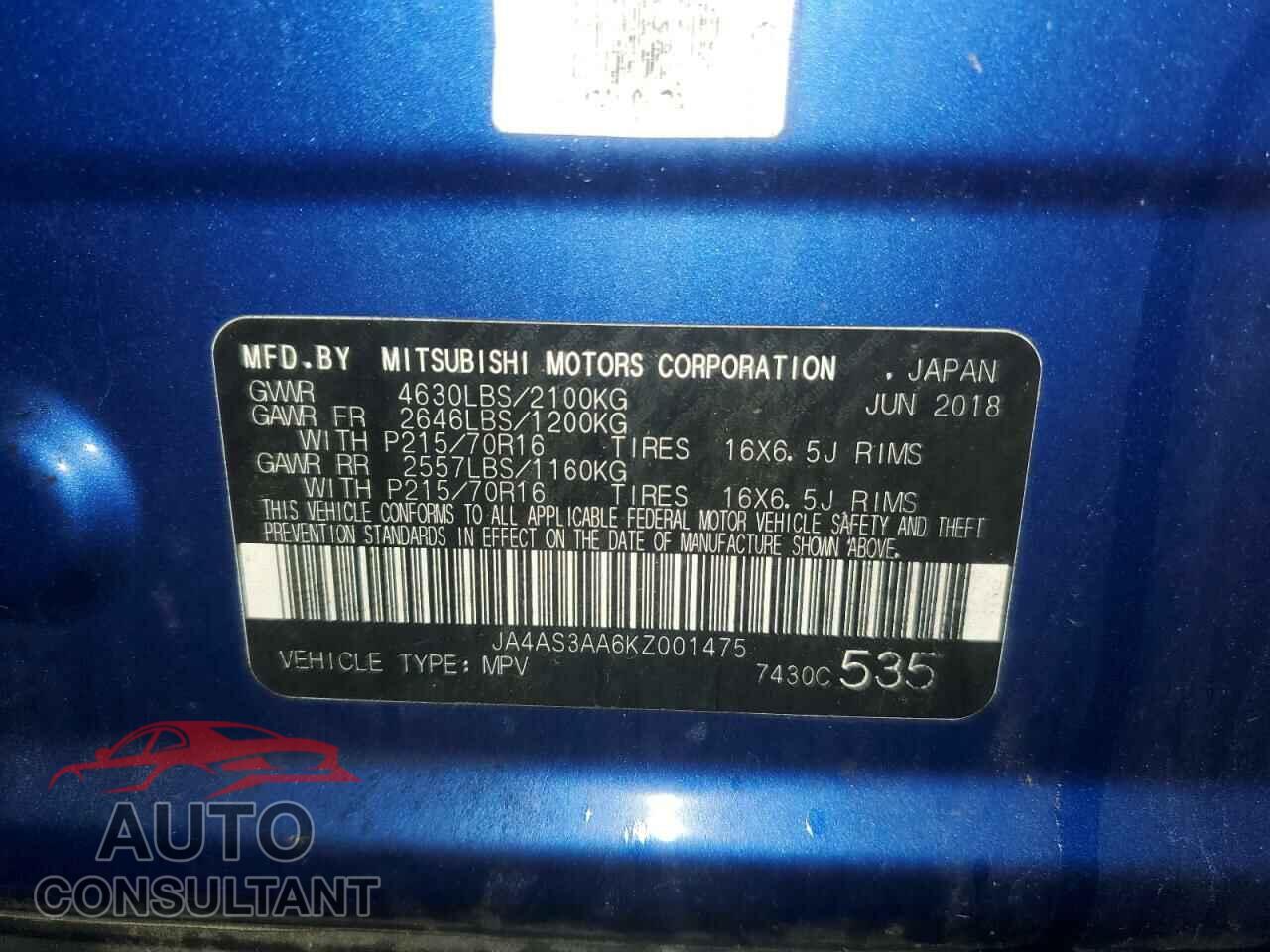 MITSUBISHI ECLIPSE 2019 - JA4AS3AA6KZ001475