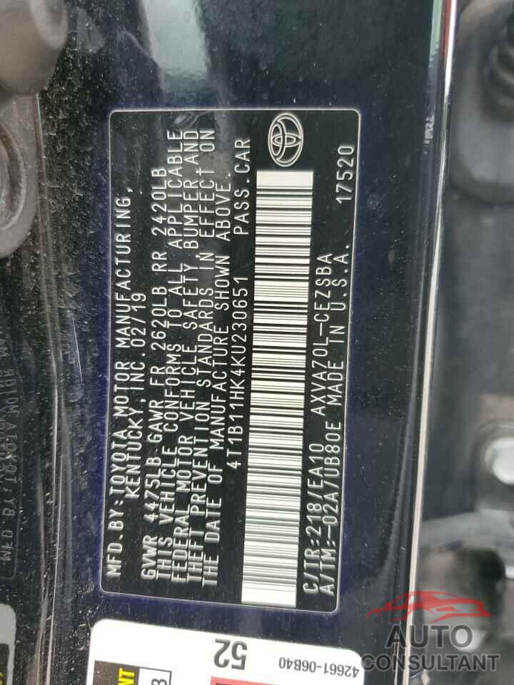 TOYOTA CAMRY 2019 - 4T1B11HK4KU230651
