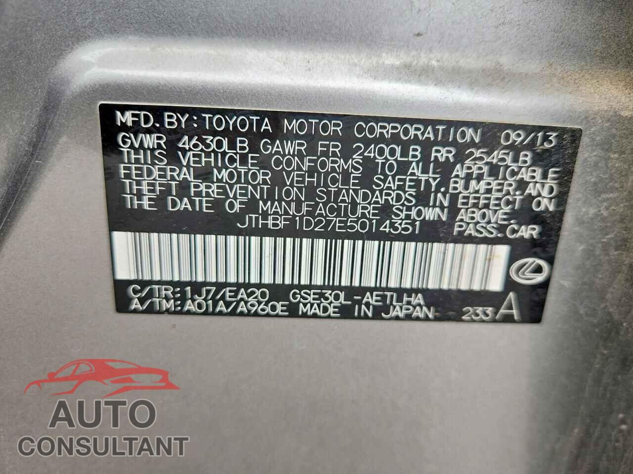 LEXUS IS 2014 - JTHBF1D27E5014351