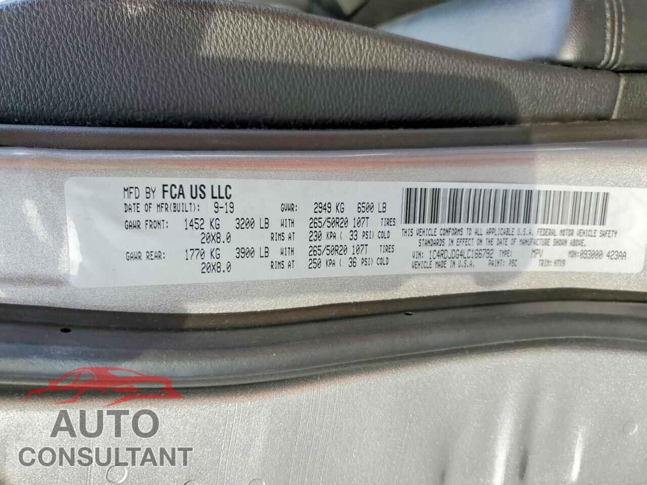 DODGE DURANGO 2020 - 1C4RDJDG4LC166792