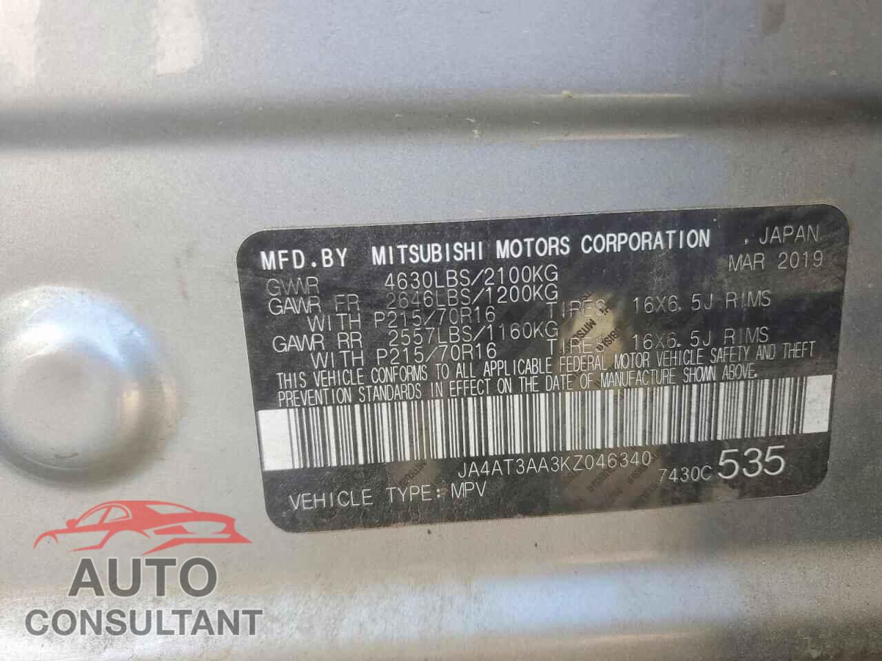 MITSUBISHI ECLIPSE 2019 - JA4AT3AA3KZ046340