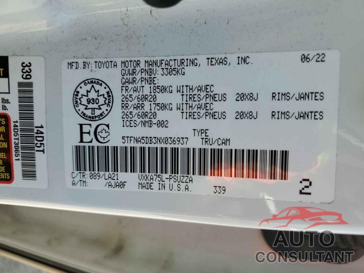 TOYOTA TUNDRA 2022 - 5TFNA5DB3NX036937