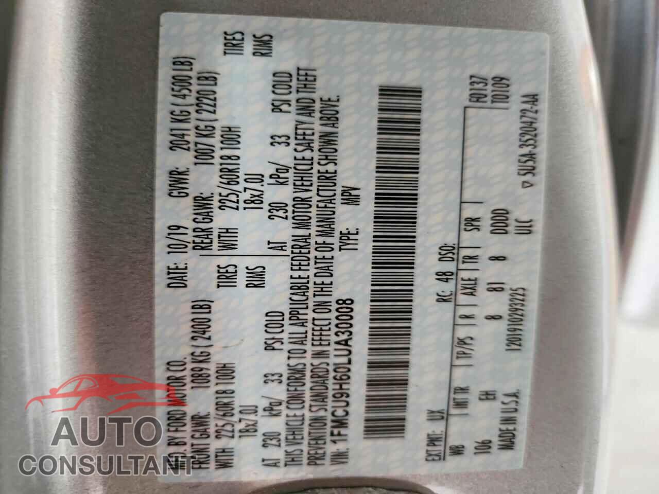 FORD ESCAPE 2020 - 1FMCU9H60LUA30008