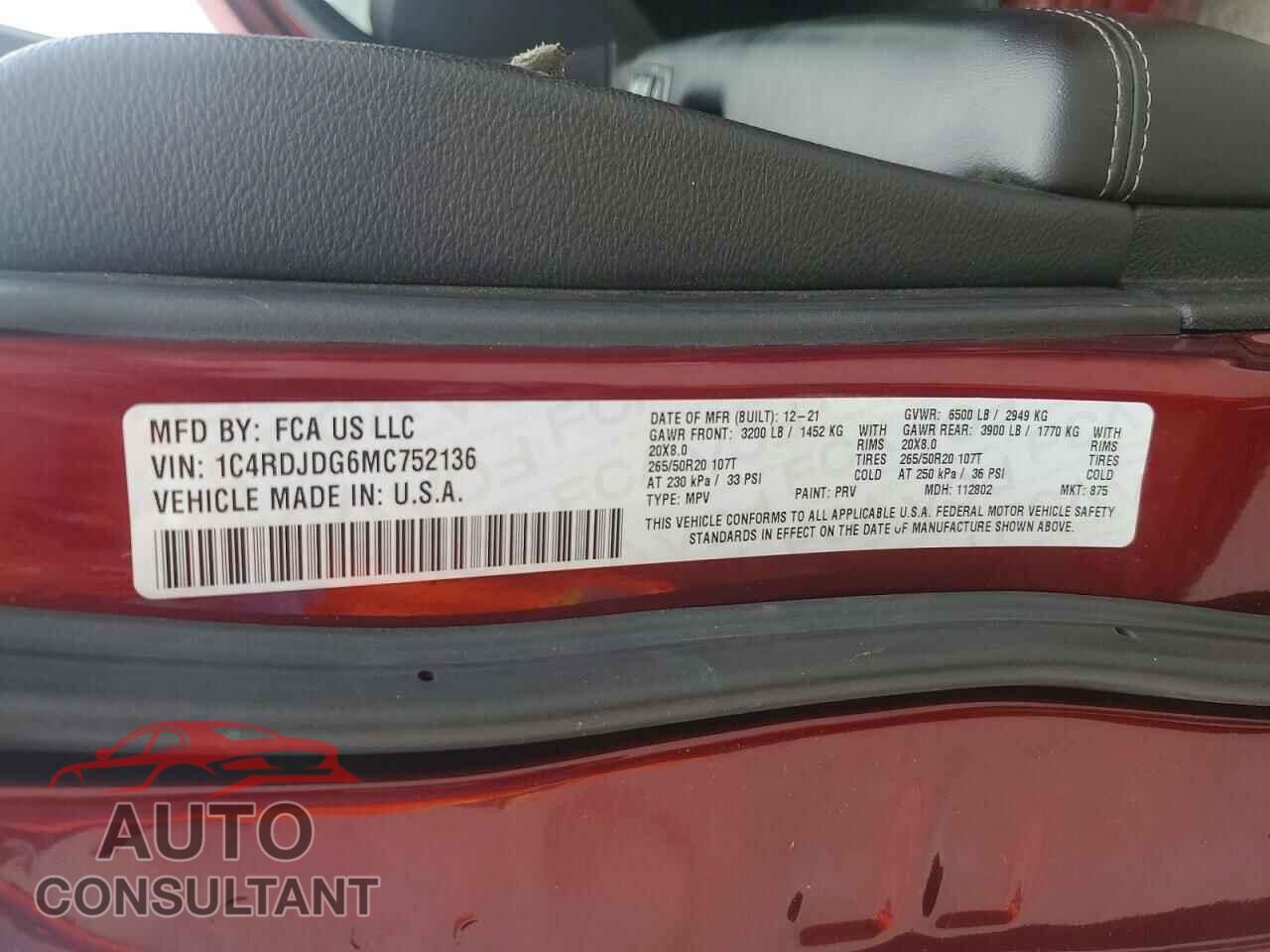DODGE DURANGO 2021 - 1C4RDJDG6MC752136