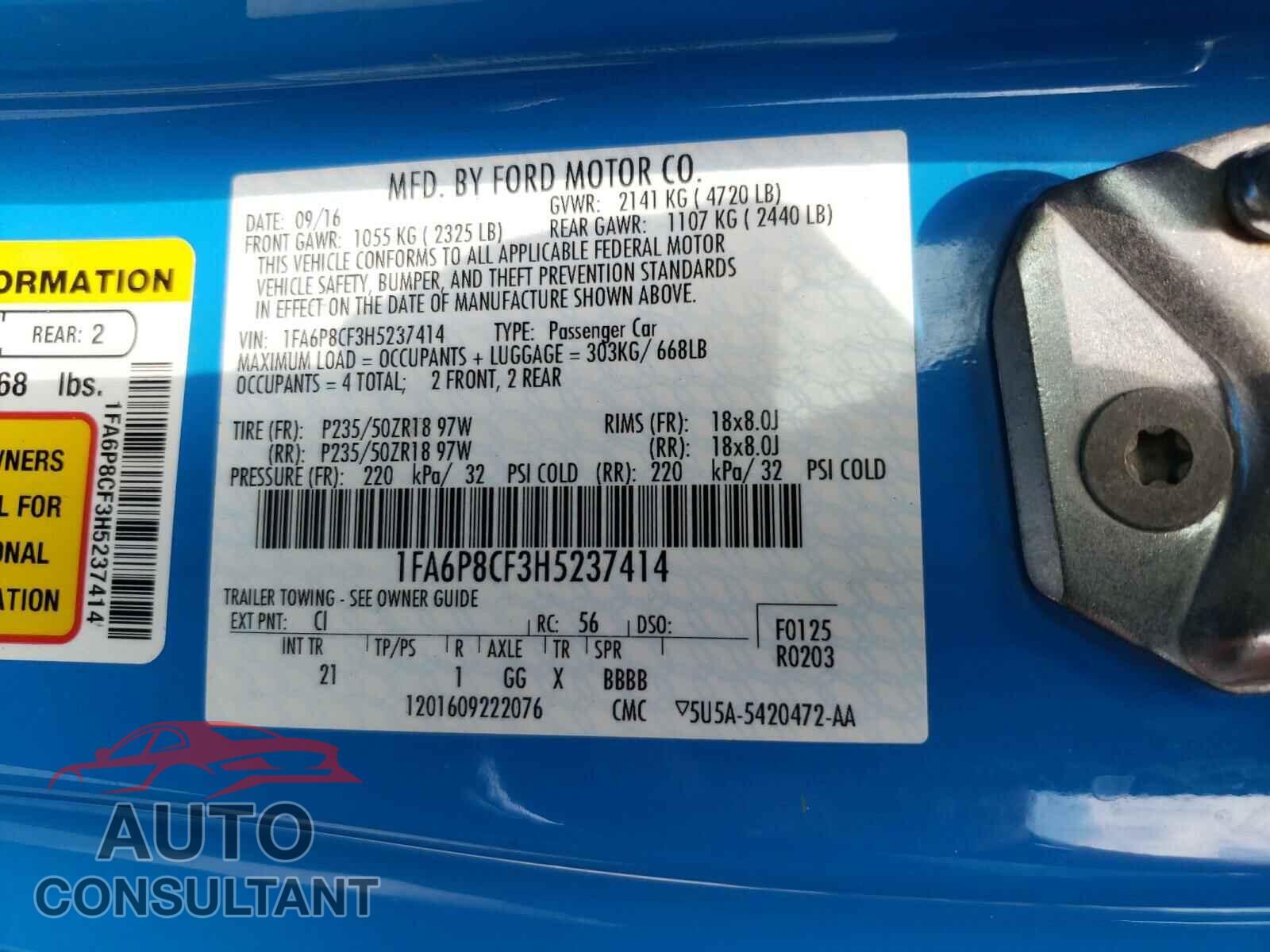 FORD MUSTANG 2017 - 1FA6P8CF3H5237414