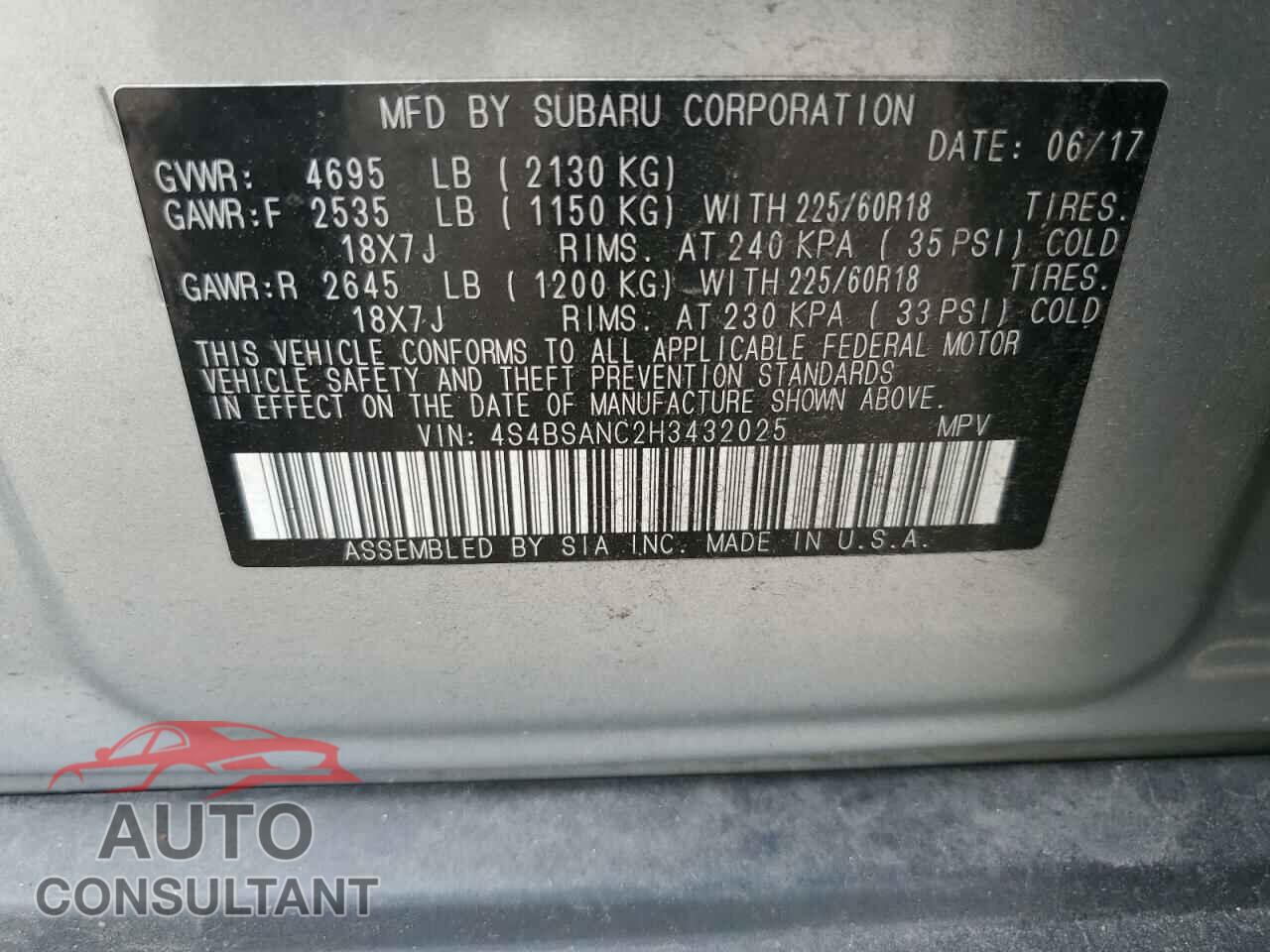 SUBARU OUTBACK 2017 - 4S4BSANC2H3432025