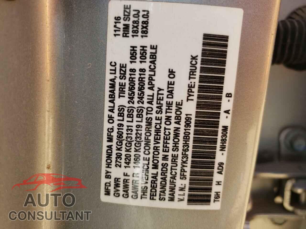HONDA RIDGELINE 2017 - 5FPYK3F63HB019091