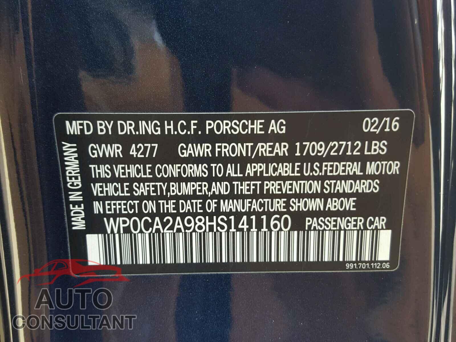PORSCHE 911 2017 - WP0CA2A98HS141160