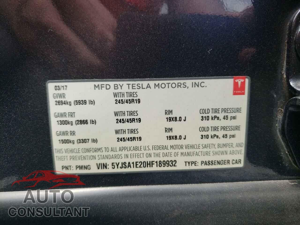 TESLA MODEL S 2017 - 5YJSA1E20HF189932