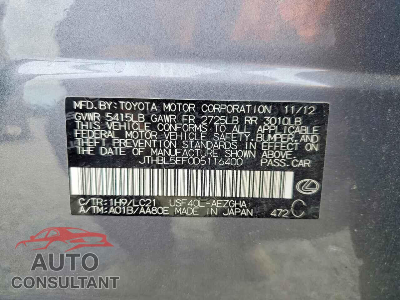 LEXUS LS460 2013 - JTHBL5EF0D5116400