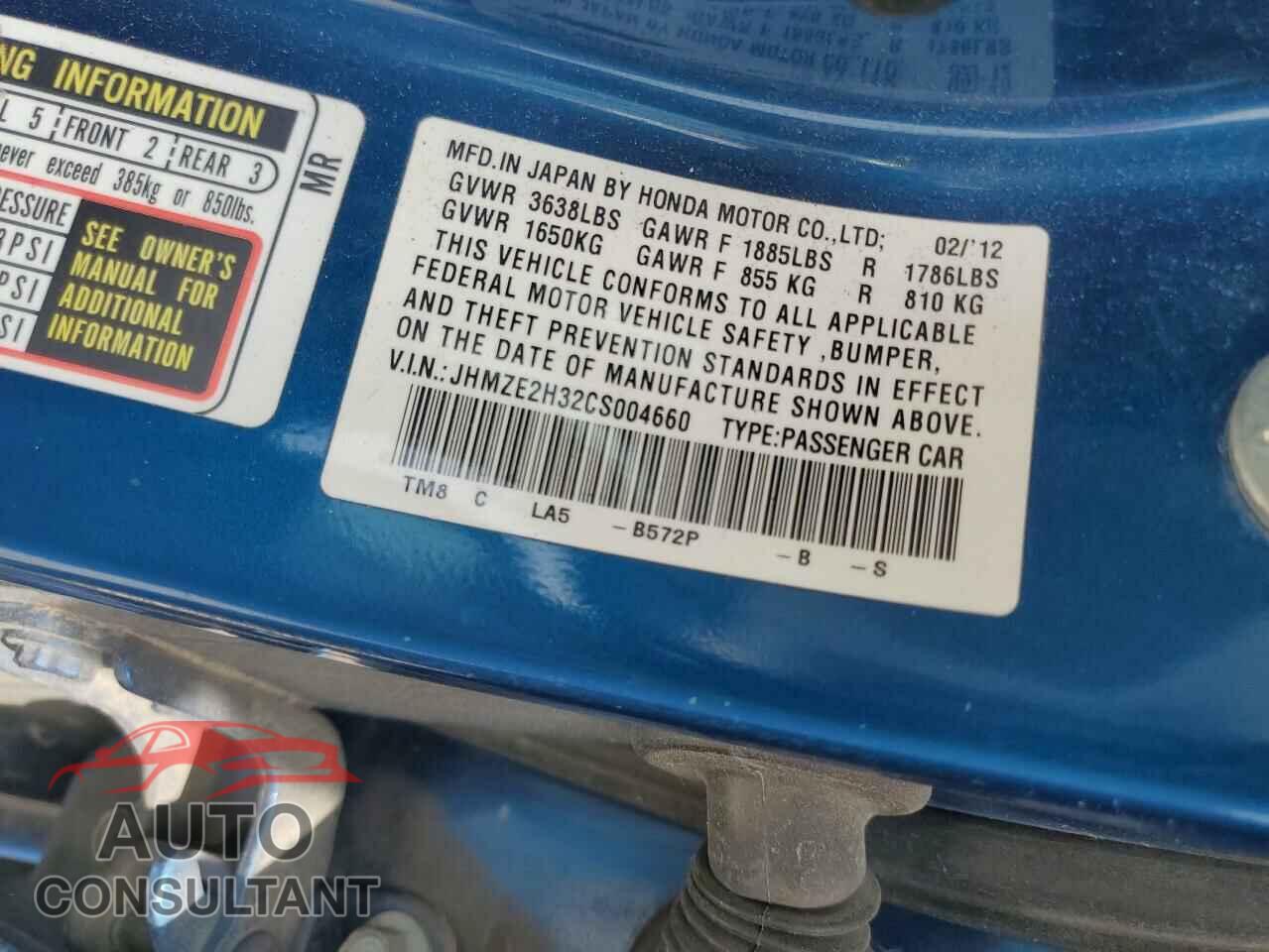 HONDA INSIGHT 2012 - JHMZE2H32CS004660
