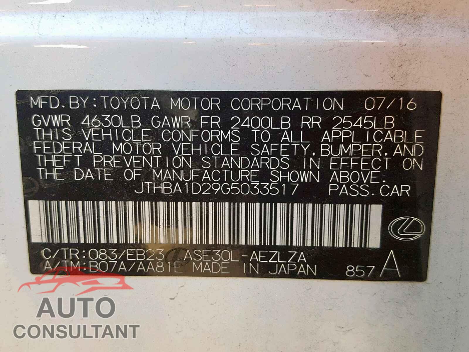 LEXUS IS 2016 - JTHBA1D29G5033517
