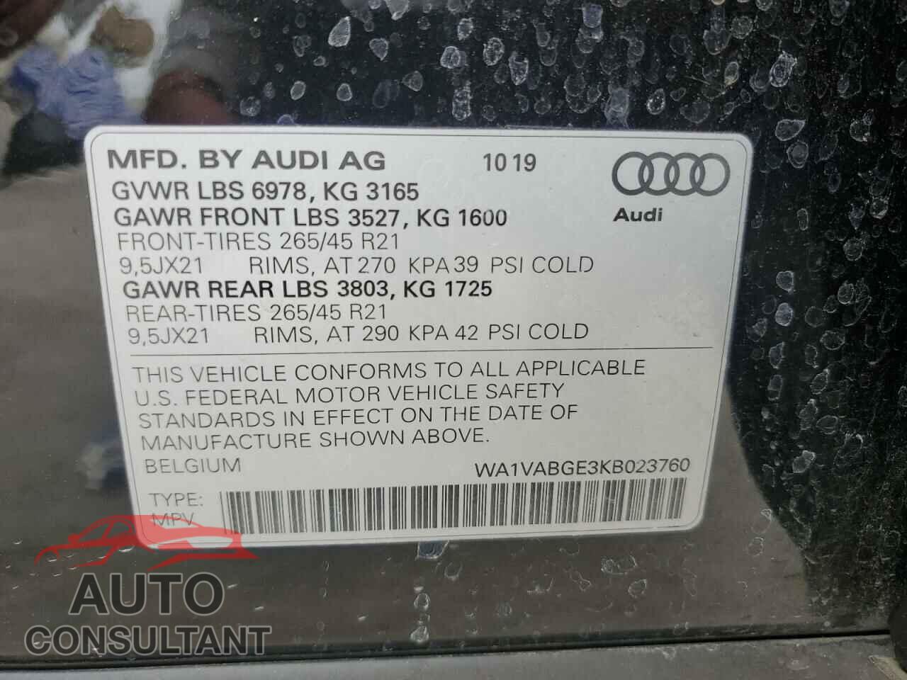 AUDI E-TRON 2019 - WA1VABGE3KB023760