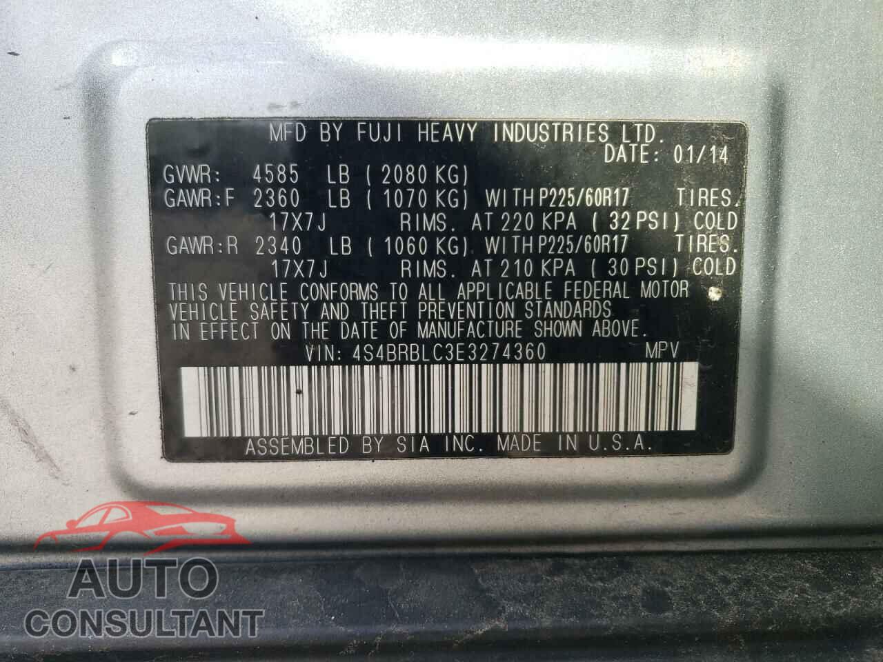 SUBARU OUTBACK 2014 - 4S4BRBLC3E3274360