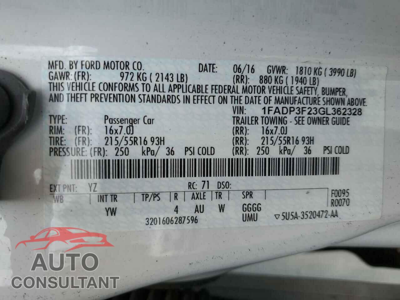 FORD FOCUS 2016 - 1FADP3F23GL362328