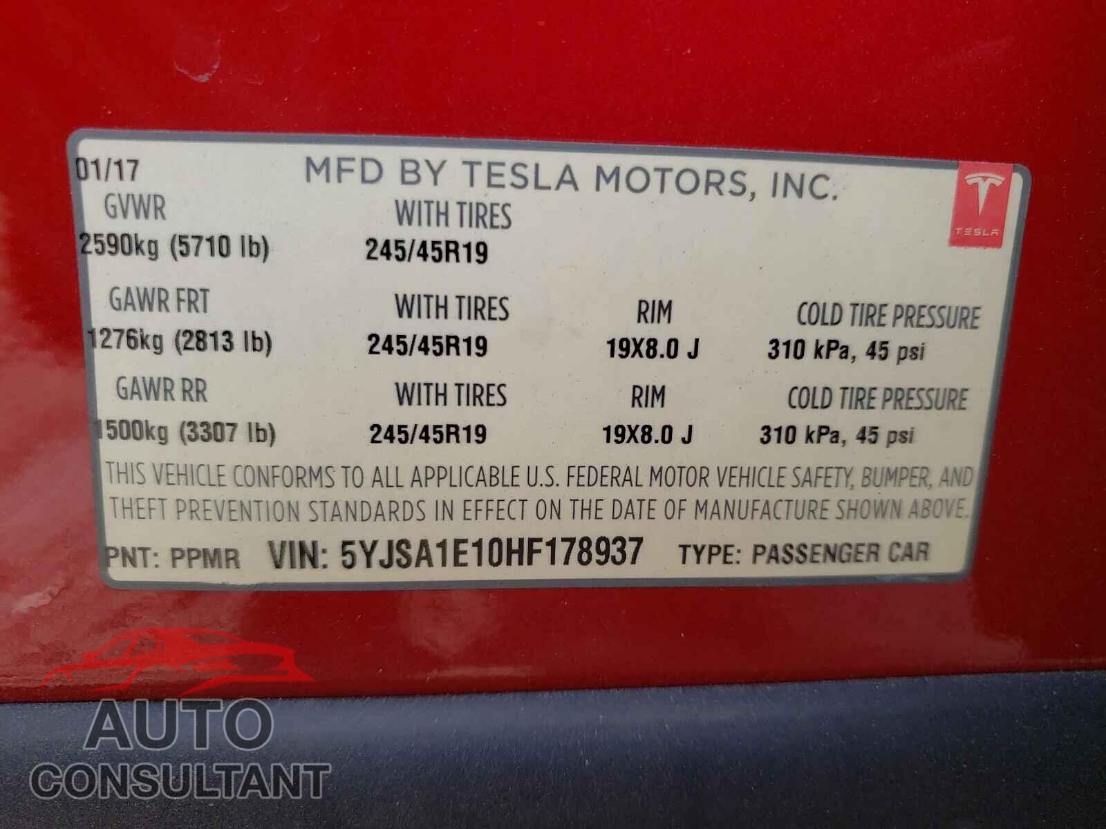 TESLA MODEL S 2017 - 5YJSA1E10HF178937