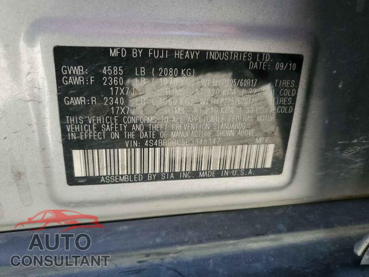 SUBARU OUTBACK 2011 - 4S4BRBBC5B3348147