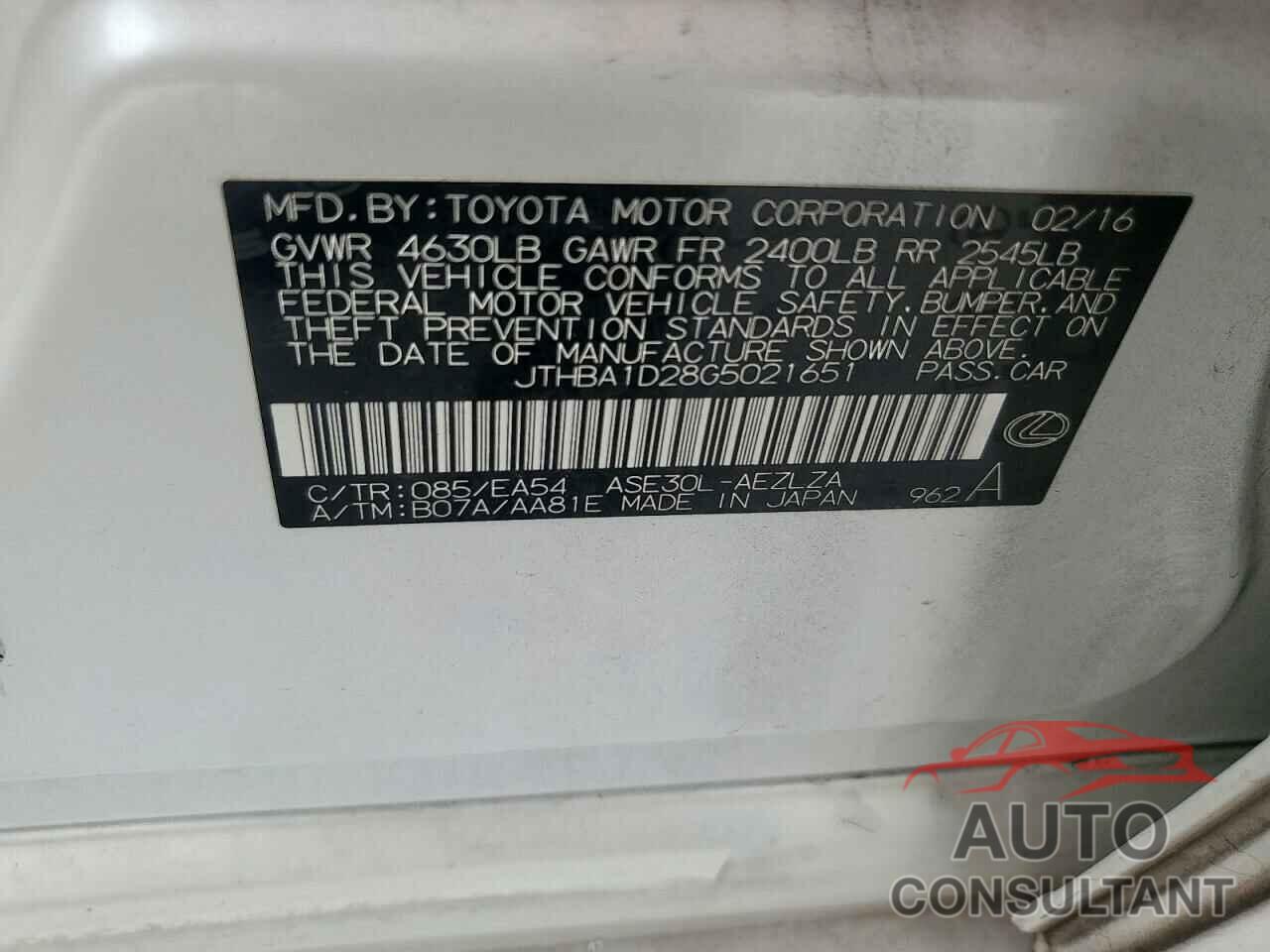 LEXUS IS 2016 - JTHBA1D28G5021651
