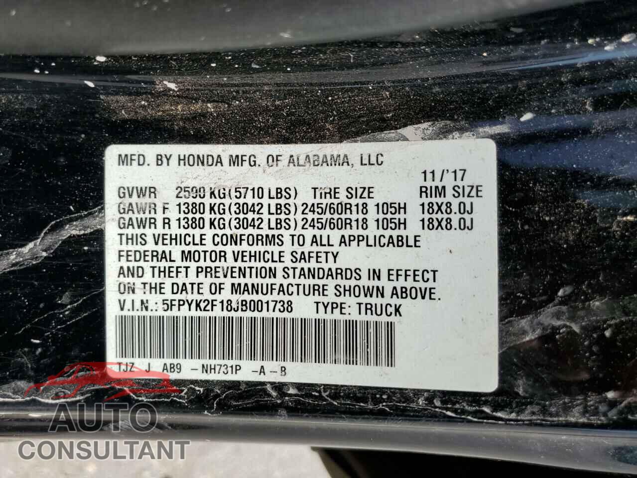 HONDA RIDGELINE 2018 - 5FPYK2F18JB001738
