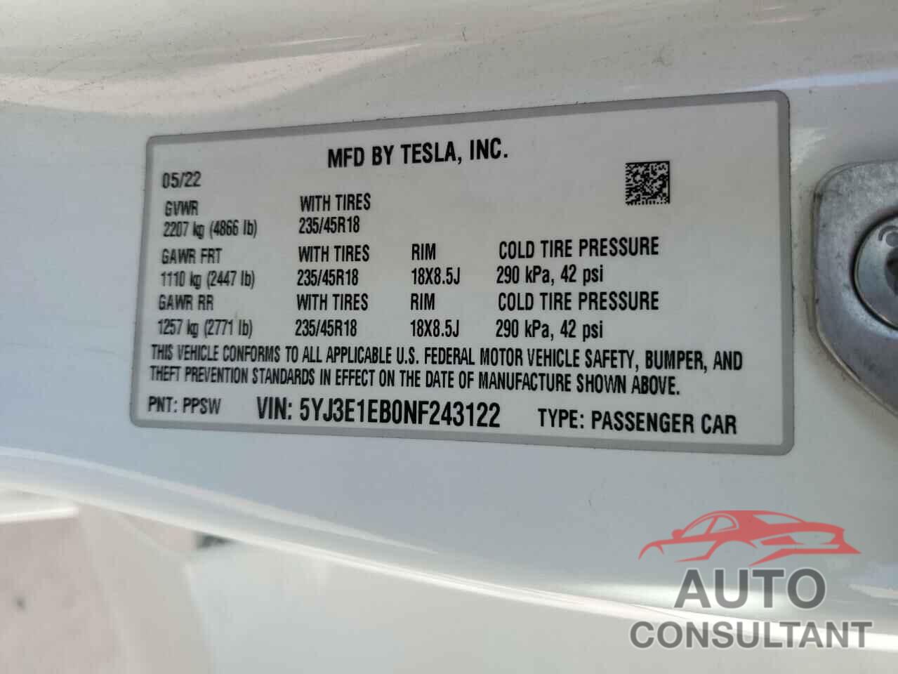 TESLA MODEL 3 2022 - 5YJ3E1EB0NF243122