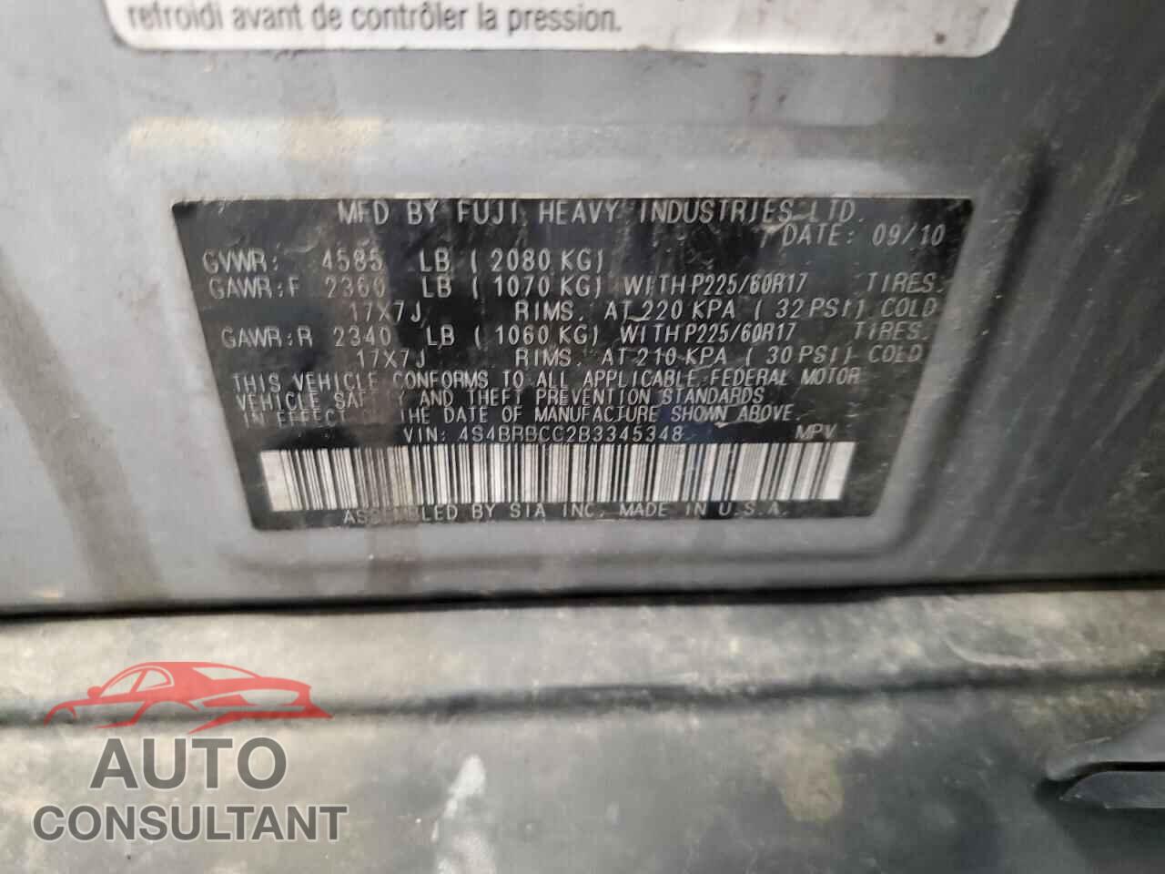 SUBARU OUTBACK 2011 - 4S4BRBCC2B3345348