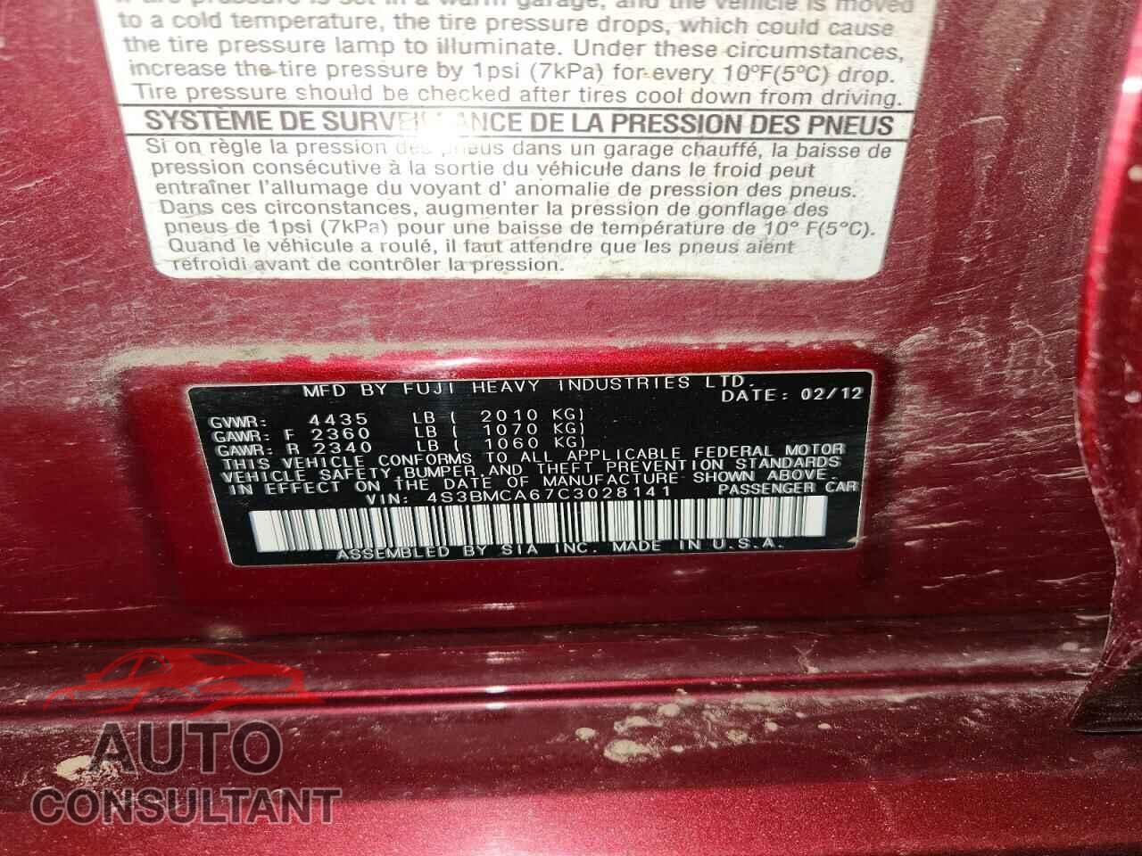 SUBARU LEGACY 2012 - 4S3BMCA67C3028141