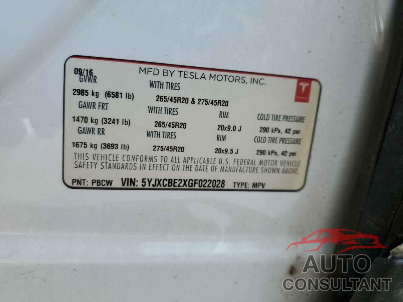 TESLA MODEL X 2016 - 5YJXCBE2XGF022028