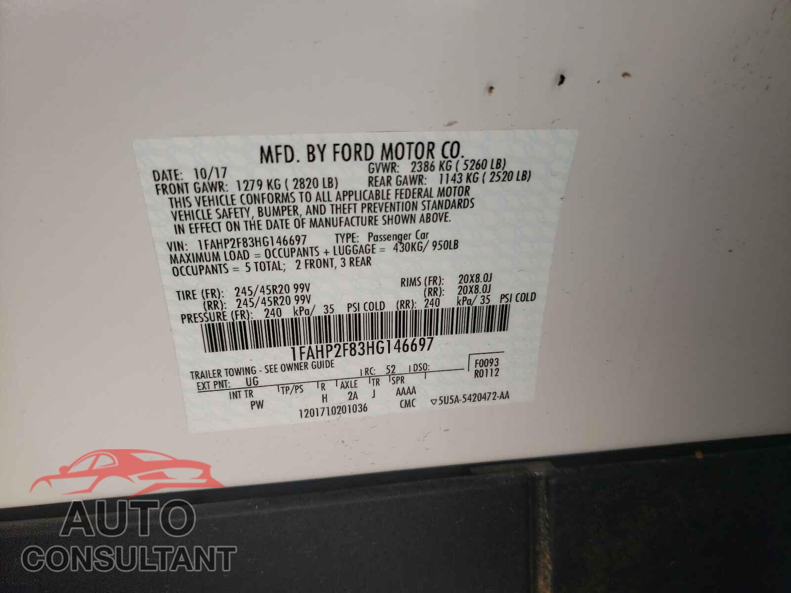 FORD TAURUS 2017 - 1FAHP2F83HG146697